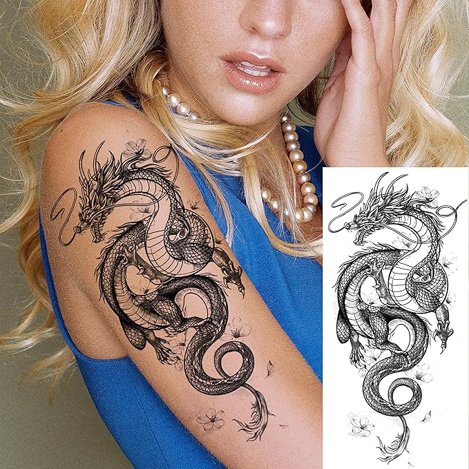 8 Sheets Cool Dragon Temporary Tattoos For Men Women Adults, Black Realistic Dragon Tattoo Sticker Half Arm Sleeve, Waterproof Tribal Totem Fake Tattoos That Look Real and Long Lasting Set Kit