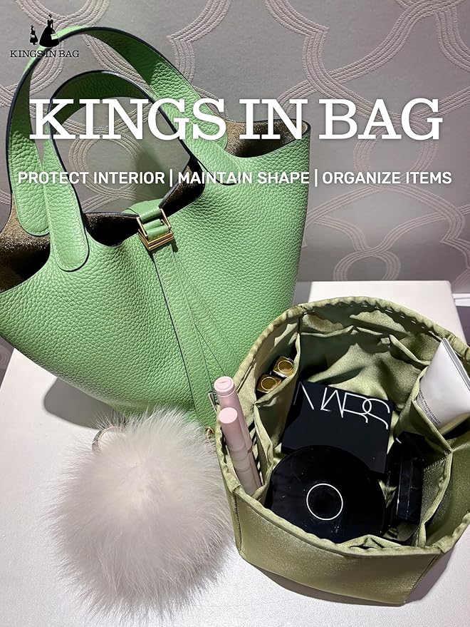 Purse Organizer Insert for Picotin 18/22, Satin Bag Organizer for Woman, Soft & Lightweight Purse Essentials, Ideal for Travel, Shopping, and Daily Use, Multiple Pockets(PC 18,Vert Criquet)