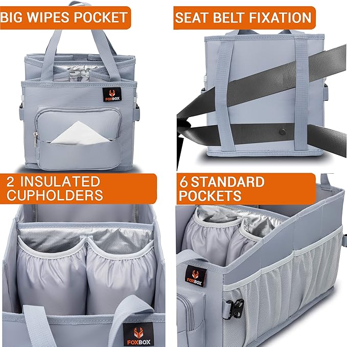 Easy-to-Reach Kids Car Organizer with Tissue Box and Cup Holder for Back Seat, Front Seat, Between Seats, Floor - Tote Car Storage Organization for Toddlers - Kids Road Trip Travel Essentials (Grey)