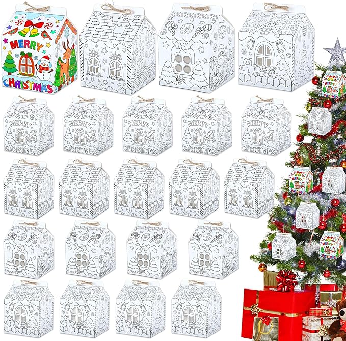 24 Set Gingerbread Paper Coloring Houses DIY Craft Color Your Own Cardboard House Personalize a Cardboard House Christmas Holiday Party Favor Gifts for Classroom Home 5.31x4.33x4.33In (White)