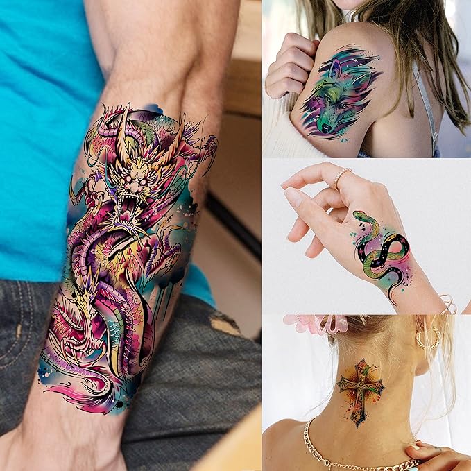 66 Sheets Watercolor Temporary Tattoos For Men Women Forearm Shoulder Legs Body Arm, 12 Sheets Long Lasting Lion Tiger Wolf Dragon Ealge Fake Tattoo Sleeve Adults, 54 Sheets Groovy Small Tatoos Kids