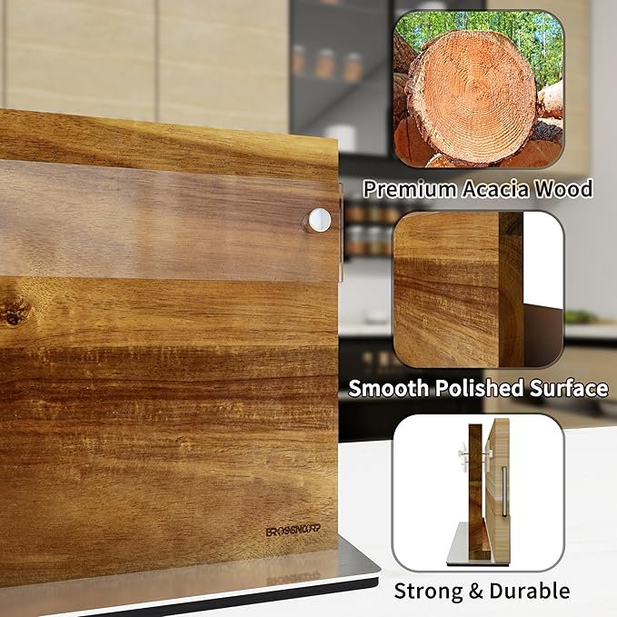 Acacia Magnetic Knife Block Double-Sided for Kitchen Counter Top - Heavy Duty Base & Shatter-Resistant Acrylic Shield, Holds 10-12 Knives, Space Saving Organizer (No Knives Included)