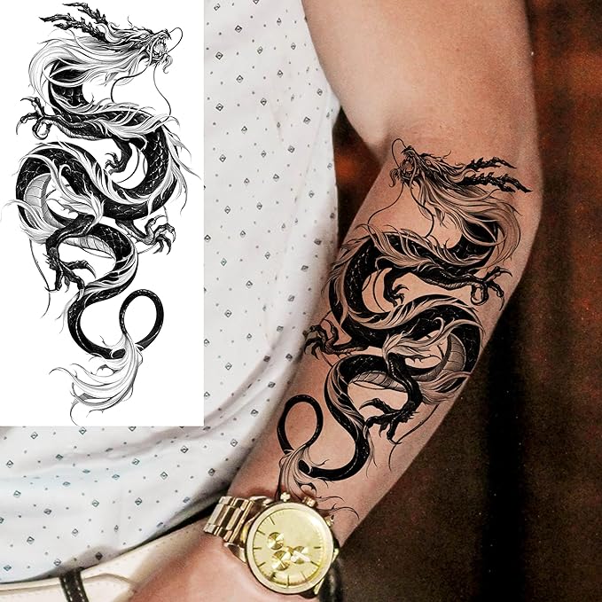 8 Sheets Cool Dragon Temporary Tattoos For Men Women Adults, Black Realistic Dragon Tattoo Sticker Half Arm Sleeve, Waterproof Tribal Totem Fake Tattoos That Look Real and Long Lasting Set Kit