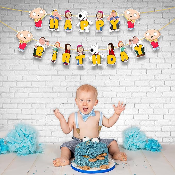 Stewie Grifin Happy Birthday Banner – Animated Character Theme Birthday Decoration Banner for Indoor Party Setup, Wall Hanging Display, Dessert Table Background, Photo Booth Backdrop.