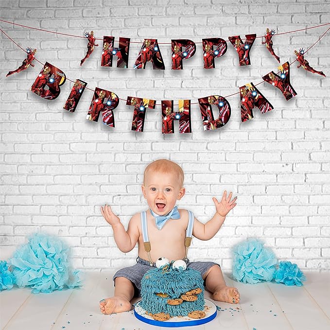 Irn Man Happy Birthday Banner – Action Hero Armor Theme Birthday Decoration Banner for Indoor Party Setup, Wall Hanging Display, Dessert Table Background, Photo Booth Backdrop.