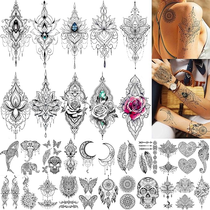 32 Sheets Sexy Black Lotus Temporary Tattoos For Women Girls Indian Tribal Lace Tatoo Sticker Neck, Mandala Flower Butterfly Rose Tattoo Temporary Dreamcatcher Elephant Henna Tattoo Kit Adults