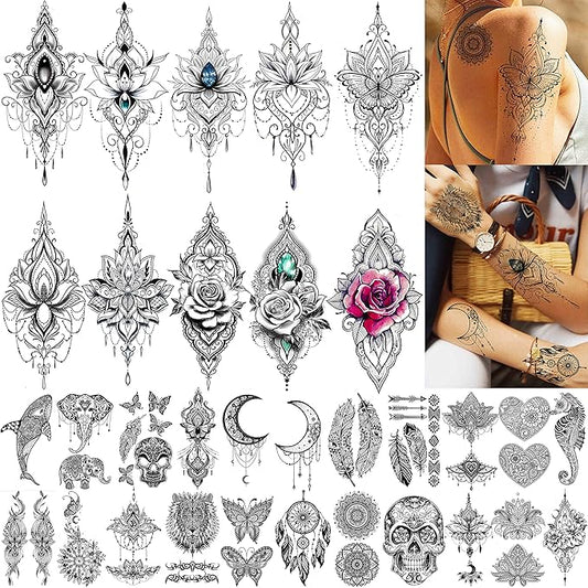 32 Sheets Sexy Black Lotus Temporary Tattoos For Women Girls Indian Tribal Lace Tatoo Sticker Neck, Mandala Flower Butterfly Rose Tattoo Temporary Dreamcatcher Elephant Henna Tattoo Kit Adults
