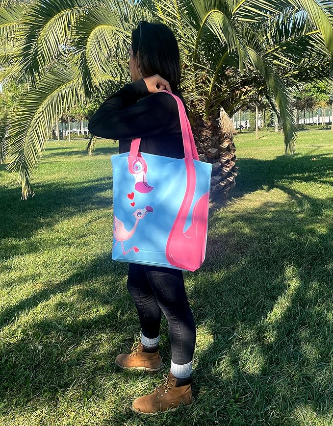 Flamingo Gift Bag - Pink Flamingo Gifts for Women, Purses and Handbags - Teacher Gifts Reusable Tote - Mothers Day - Book Tote Bag (Blue - Flamingo)
