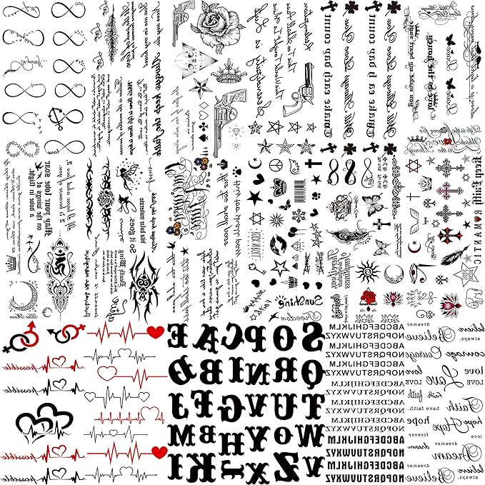18 Sheets Black Inspired Quotes Temporary Tattoos For Women Kids Children Long Lasting Letter Alphabet Words Fake Tattoo Stickers Birds Cross ECG infinity Moon Star Neck Arm Tatoo For Men Adult