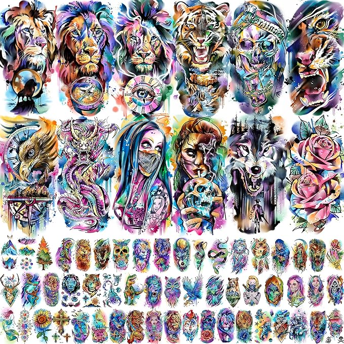 66 Sheets Watercolor Temporary Tattoos For Men Women Forearm Shoulder Legs Body Arm, 12 Sheets Long Lasting Lion Tiger Wolf Dragon Ealge Fake Tattoo Sleeve Adults, 54 Sheets Groovy Small Tatoos Kids