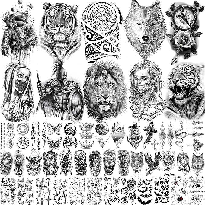 49 Sheets Tribal Black Temporary Tattoos For Women Men Adults Body Arm, Long Lasting Maori Wolf Tiger Lion Spartan Warrior Gladiator Fake Tattoo Stickers Gangster Rose Skull, Bulk Halloween Tattoos
