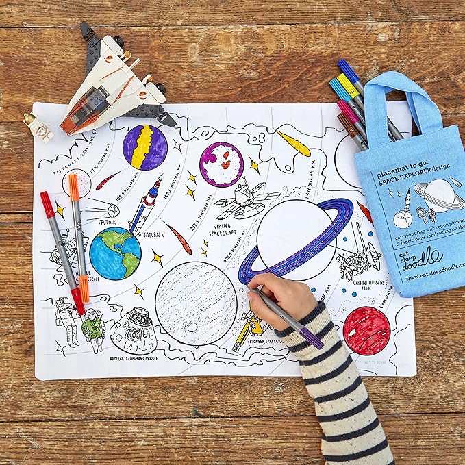 eatsleepdoodle Space, Planets and Spacecraft Cotton placemat to Color-in, Educational Solar System Coloring Placemat, Washable Felt tip Fabric Markers Included
