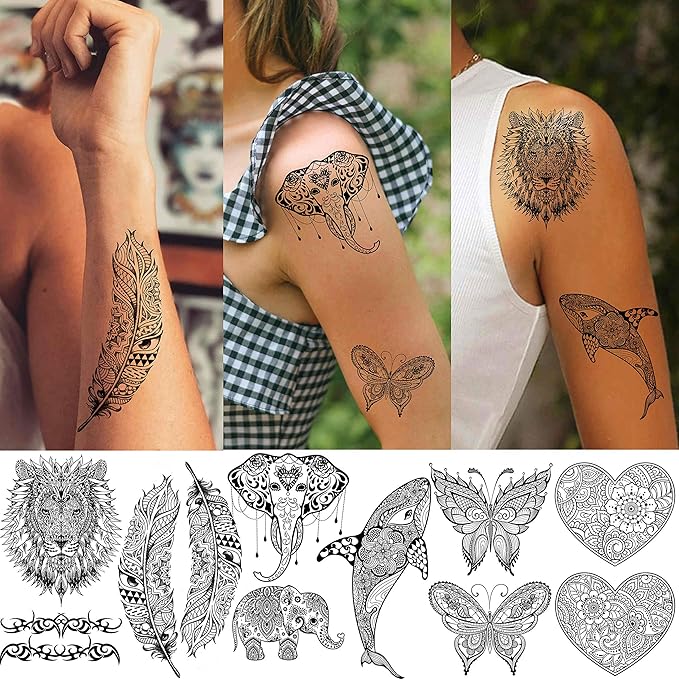 32 Sheets Sexy Black Lotus Temporary Tattoos For Women Girls Indian Tribal Lace Tatoo Sticker Neck, Mandala Flower Butterfly Rose Tattoo Temporary Dreamcatcher Elephant Henna Tattoo Kit Adults