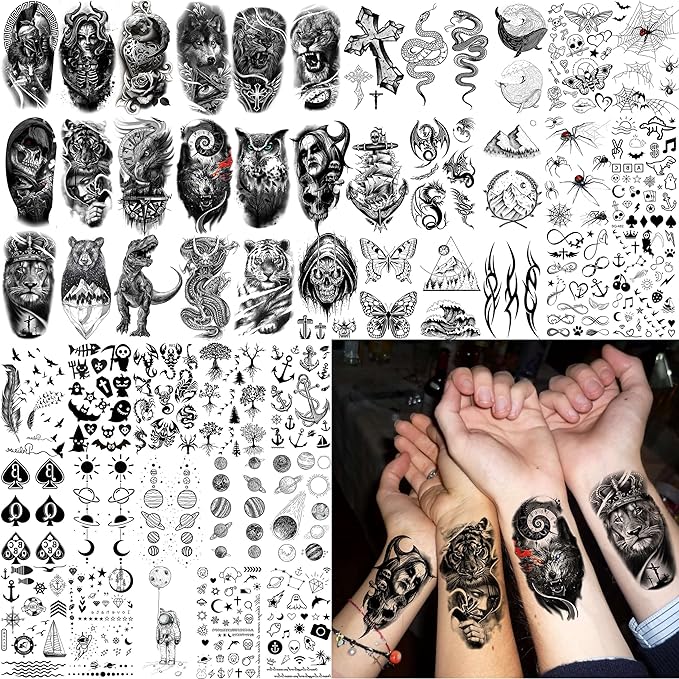61 Sheets Realistic Skull Tiger Wolf Lion Temporary Tattoos For Women Men Arm Sleeve, 3D Halloween Temp Tattoos Adults Compass Black Rose Flower, Bulk Fake Tattoos That Look Real And Last Long