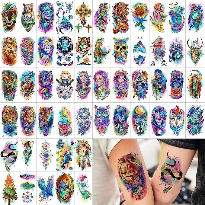66 Sheets Watercolor Temporary Tattoos For Men Women Forearm Shoulder Legs Body Arm, 12 Sheets Long Lasting Lion Tiger Wolf Dragon Ealge Fake Tattoo Sleeve Adults, 54 Sheets Groovy Small Tatoos Kids