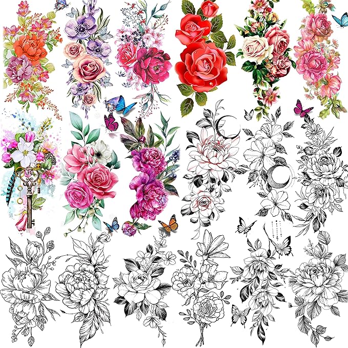 18 Sheets Sexy Flower Rose Temporary Tattoos For Women Girls Adults, Women Body Art Fake Arm Tattoo Stickers, Waterproof Moon Butterfly Black Floral Tattoo Temporary Orchid Dahlia Neck Tatoos