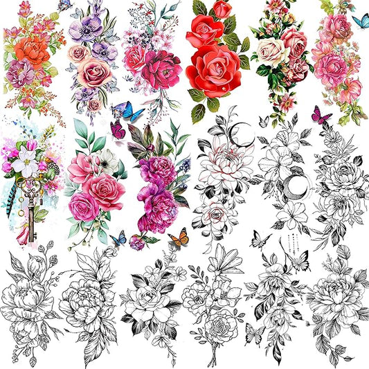 18 Sheets Sexy Flower Rose Temporary Tattoos For Women Girls Adults, Women Body Art Fake Arm Tattoo Stickers, Waterproof Moon Butterfly Black Floral Tattoo Temporary Orchid Dahlia Neck Tatoos