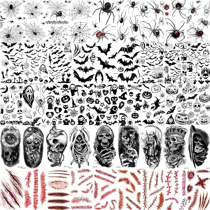 236+ PCS 45 Sheets Halloween Temporary Tattoos For Kids Zombie Makeup Kits 3D Bats Spider Web Witch Small Black Ghost Pumpkin Face Stitches Fake Scar Tattoo Stickers For Women Adult Men Skull