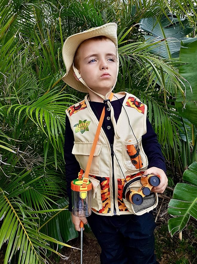 Safari Kidz Outdoor Explorer Kit - Orange and Pink Camouflage Cargo Vest and Hat Set, Backyard Nature Adventures, Washable Costume for children, Bundle (4 items)