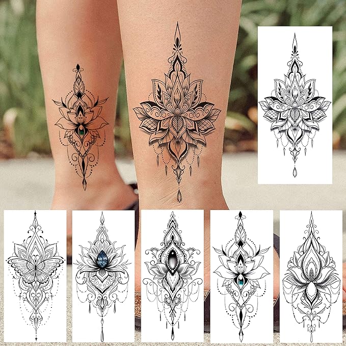 32 Sheets Sexy Black Lotus Temporary Tattoos For Women Girls Indian Tribal Lace Tatoo Sticker Neck, Mandala Flower Butterfly Rose Tattoo Temporary Dreamcatcher Elephant Henna Tattoo Kit Adults