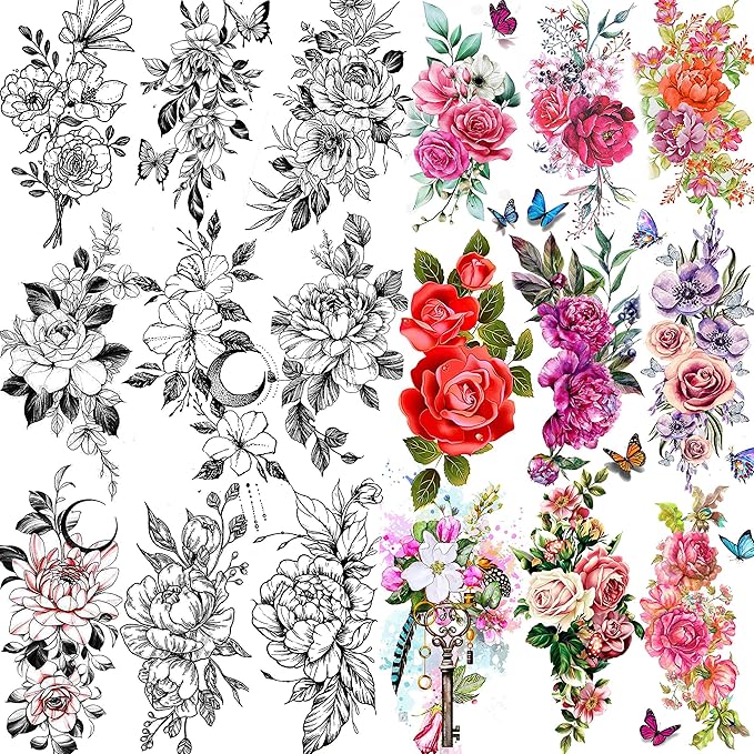 18 Sheets Sexy Flower Rose Temporary Tattoos For Women Girls Adults, Women Body Art Fake Arm Tattoo Stickers, Waterproof Moon Butterfly Black Floral Tattoo Temporary Orchid Dahlia Neck Tatoos